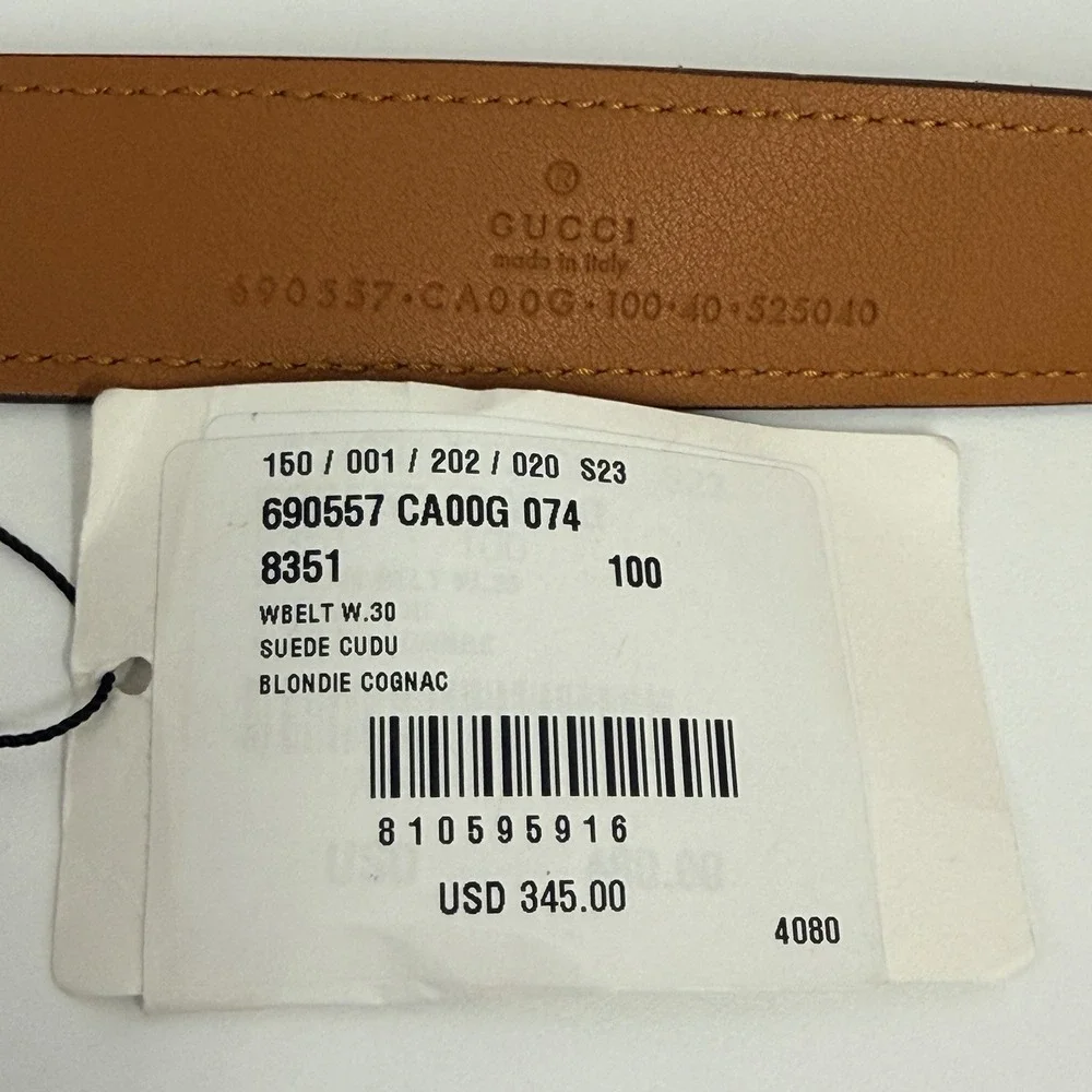 Gucci Suede Blondie Belt Cognac NWT GG Gold Interlocking Buckle Size 100